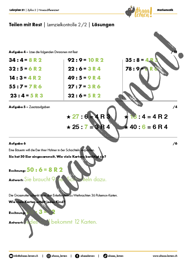Ahaaa lernen Teilen mit Rest Unterrichtsmaterial Ahaaa lernen Teilen mit Rest Unterrichtsmaterial