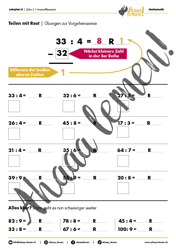 Ahaaa lernen Teilen mit Rest Unterrichtsmaterial Ahaaa lernen Teilen mit Rest Unterrichtsmaterial
